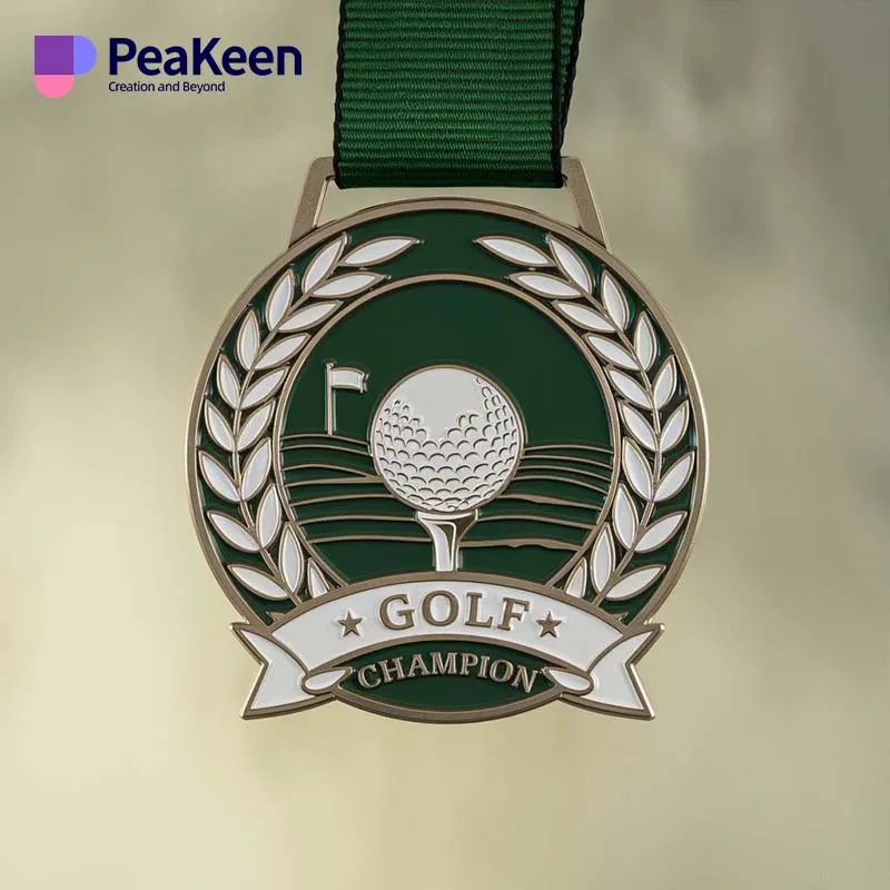 Custom golf medals featuring a unique design, perfect for awards and recognition in golf tournaments.