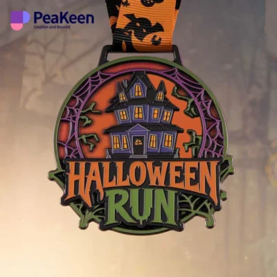 Halloween run medal featuring a spooky house in the background, celebrating the festive spirit of the season.