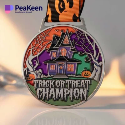 A decorative medal celebrating Halloween, inscribed with "Trick or Treat Champion," ideal for festive recognition.