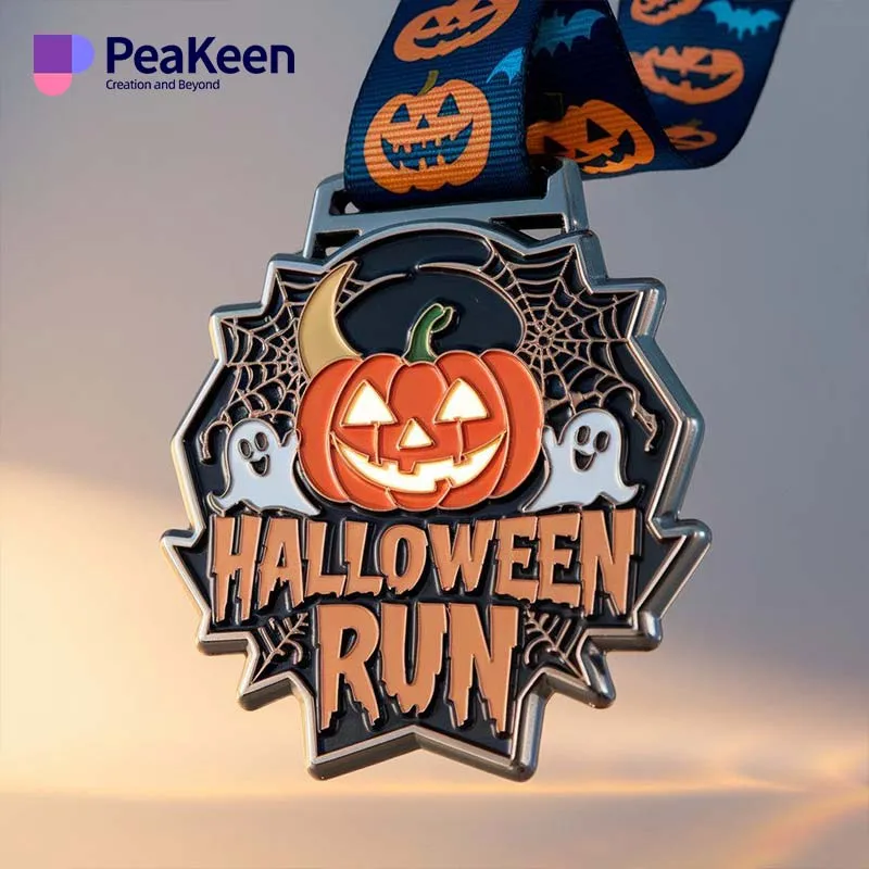 Medaille für einen Halloween-Lauf, verziert mit einem Kürbis, der die sportlichen Leistungen der Saison symbolisiert.