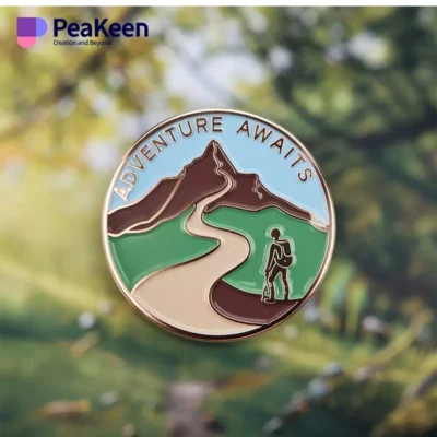 Custom enamel pin featuring a logo, designed for hiking enthusiasts, showcasing a unique and stylish accessory.