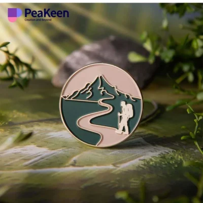 Badge featuring a mountain man with a scenic trail in the background, ideal for hiking enthusiasts.