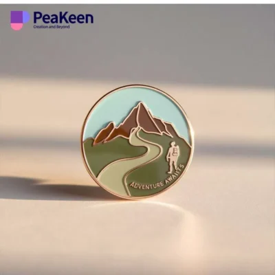 A beautifully designed hiking pin depicting a mountain landscape, symbolizing the spirit of outdoor exploration.