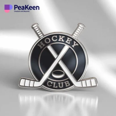 Hockey club badge featuring two crossed sticks and a puck, designed for hockey pins and team representation.