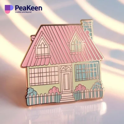 A pink house pin set against a vibrant blue and pink background, showcasing a charming and playful design.