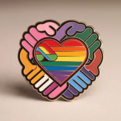 A rainbow heart pin held by hands, symbolizing love and support for LGBT pride.