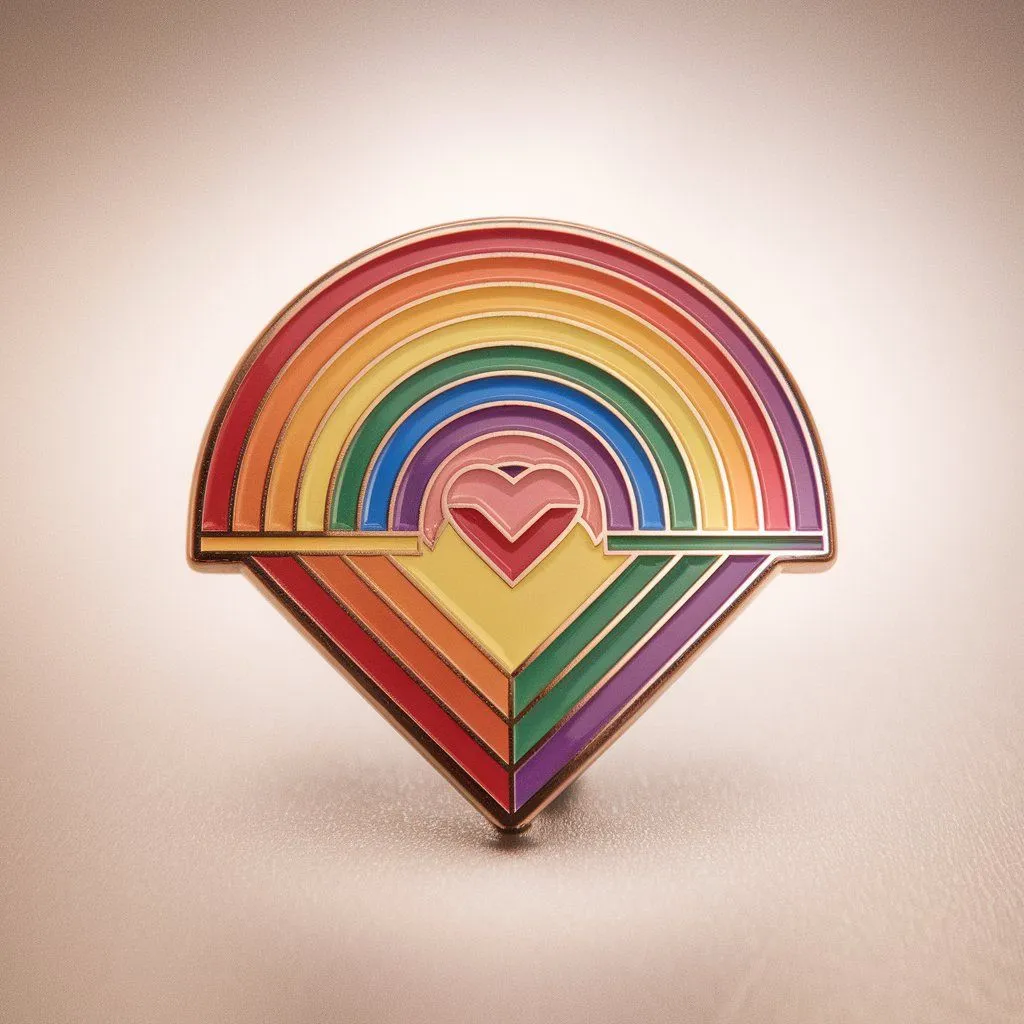 A rainbow heart enamel pin resting on a white surface, symbolizing LGBT pride and inclusivity.