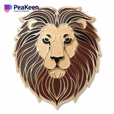 Enamel pin featuring a detailed lion head design, showcasing vibrant colors and intricate detailing.