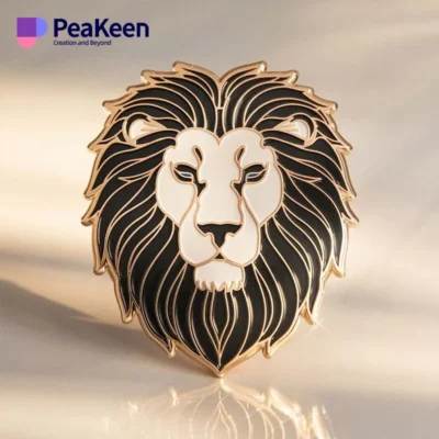 A striking lion head pin featuring a bold black and gold color scheme, perfect for adding a touch of elegance.