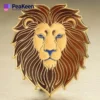 A detailed lion head pin on a luxurious gold background, symbolizing strength and majesty in a stylish accessory.