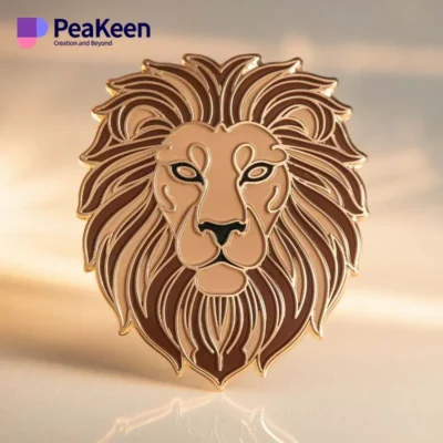 A beautifully crafted lion head enamel pin on a radiant gold background, perfect for adding flair to any outfit.