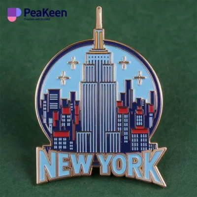 A stylish pin featuring the iconic New York City skyline, showcasing its famous buildings and vibrant urban landscape.