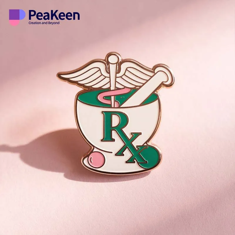 pharmacy pins featuring a prominent medical symbol, representing healthcare and pharmaceutical services.