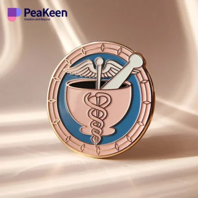 A medical badge featuring a pharmacy pin and a prominent medical symbol, representing healthcare professionalism.