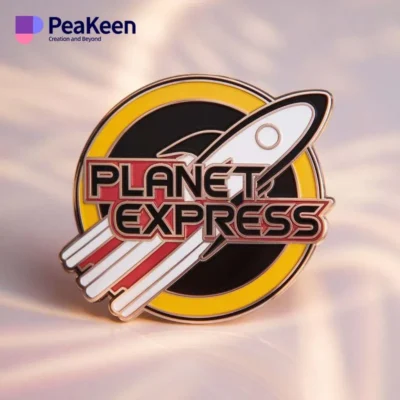 A Planet Express pin badge featuring the iconic logo, perfect for fans of the animated series and space exploration.