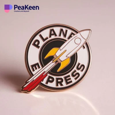 A pin featuring the words "Planet Express" in bold, vibrant lettering against a sleek background.