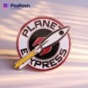 A pin featuring the words "Planet Express" in bold, vibrant lettering against a sleek background.