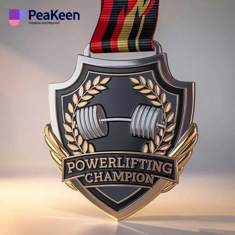 Primer plano de una medalla de campeón de powerlifting, con su intrincado diseño y las palabras "Champion" (Campeón) en un lugar destacado.