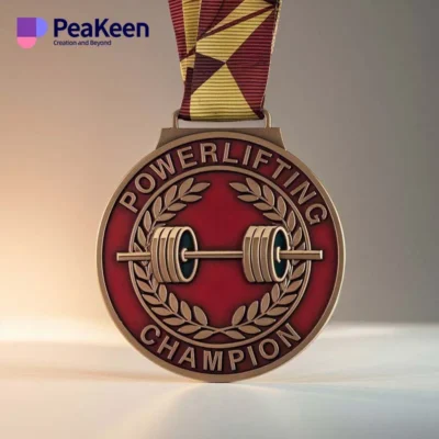 A close-up of a powerlifting champion medal, showcasing its intricate design and the words "Champion" prominently displayed.