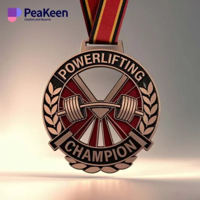 A close-up of a powerlifting champion medal, showcasing its intricate design and the words "Champion" prominently displayed.