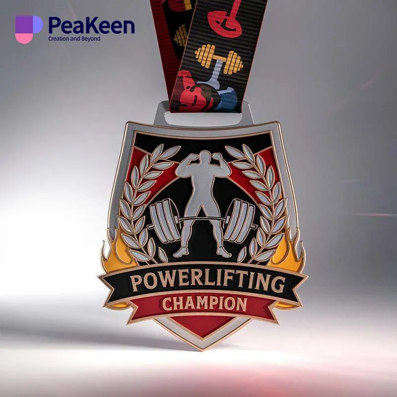 An image of a powerlifting champion medal, highlighting its shiny finish and the distinctive design that represents athletic achievement.