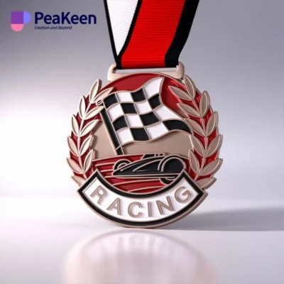 A racing medallion featuring a detailed image of a racing car, symbolizing speed and competition.