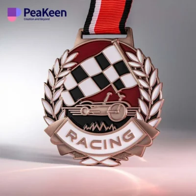 A racing medallion featuring a detailed image of a racing car, symbolizing speed and competition.