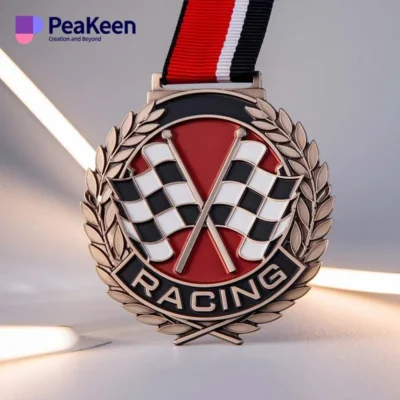 A close-up of a racing medallion featuring the word "Racing" prominently displayed on its surface.