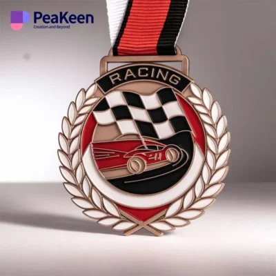 A racing medallion featuring a detailed image of a racing car, symbolizing speed and competition.