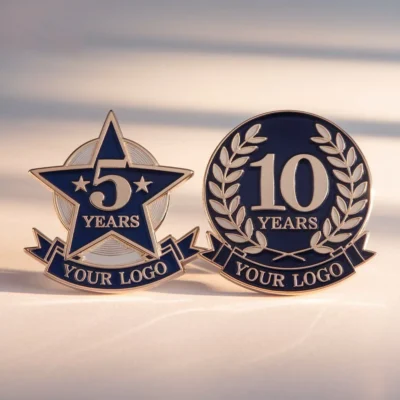 A lapel pin featuring the text "5 years" and "10 years," symbolizing service milestones in a professional setting.