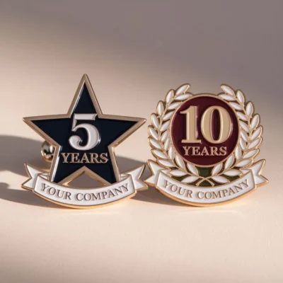 Service lapel pin displaying "10 years" and "5 years", representing a milestone achievement in commitment.