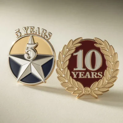 Two service lapel pins displaying "5 years" and "10 years" to recognize employee milestones in service duration.