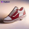 A red and white shoe pin featuring a stylish design with a white sole, perfect for fashion enthusiasts.
