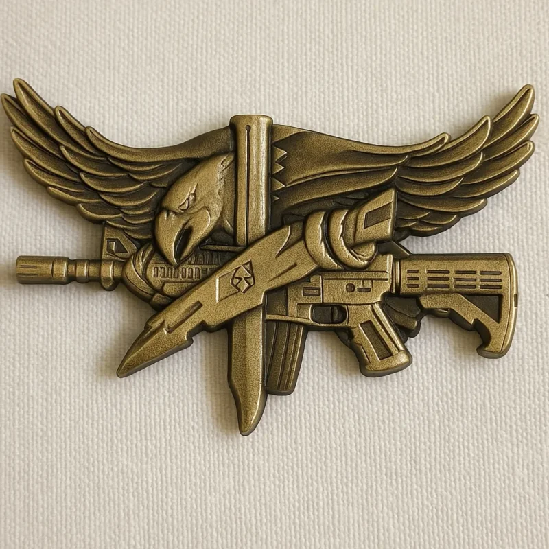 Gold SWAT badge featuring a gun and an eagle emblem, symbolizing law enforcement authority and strength.