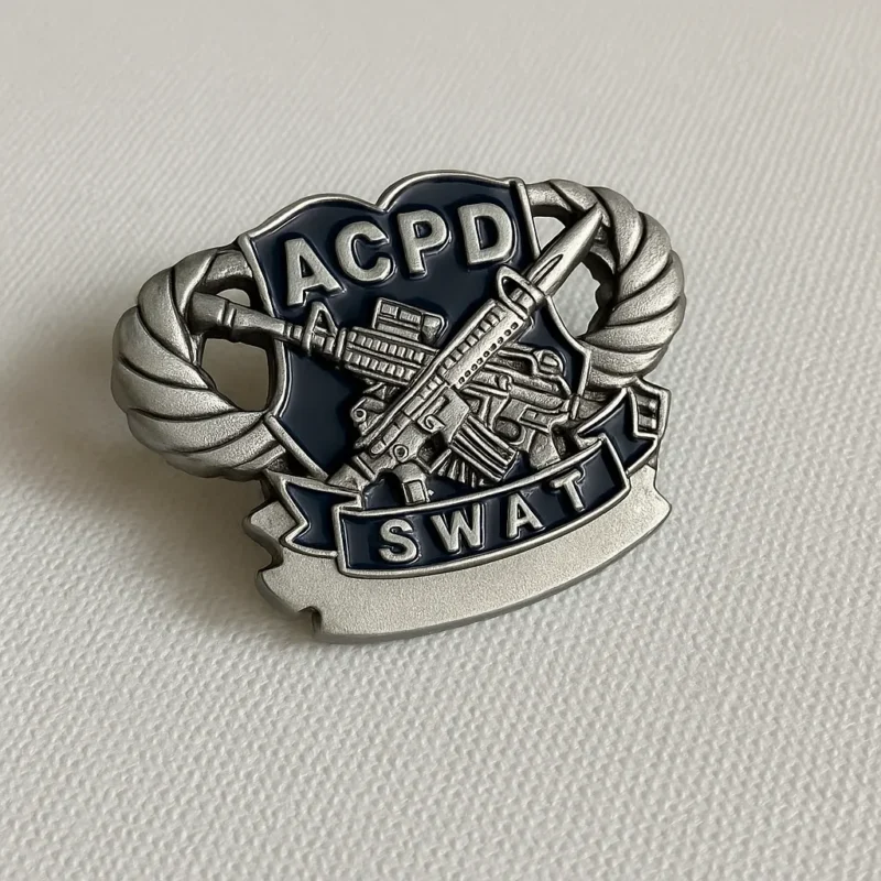 Badge displaying the words "ACPD SWAT," representing a special weapons and tactics unit.