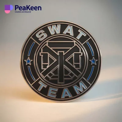 Insignia del equipo SWAT con la palabra "Peakeen" destacada en un pasador de metal pulido.