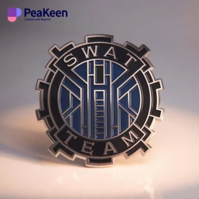 SWAT team badge featuring the word "Peakeen" prominently displayed on a polished metal pin.