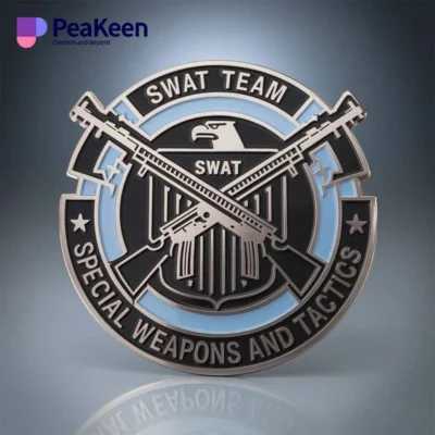 SWAT team badge featuring two guns and the text "Special Weapons and Tactics," symbolizing law enforcement readiness.