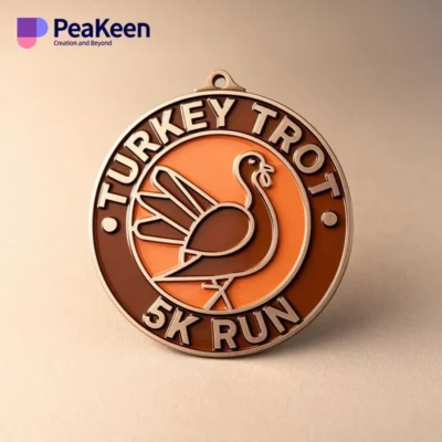 Medal featuring the inscription "Turkey Trot 5K Run," celebrating participants of the annual Thanksgiving race event.