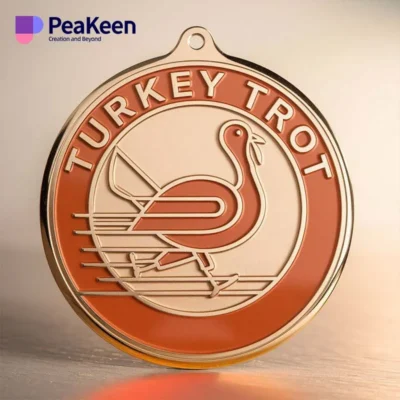 Medal featuring the words "Turkey Trot," symbolizing achievement in a festive running event.