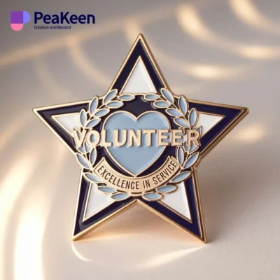 A volunteer badge featuring a star pin, symbolizing dedication and service in community efforts.