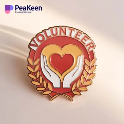 A volunteer badge featuring a heart and laurel wreath, symbolizing dedication and service to the community.