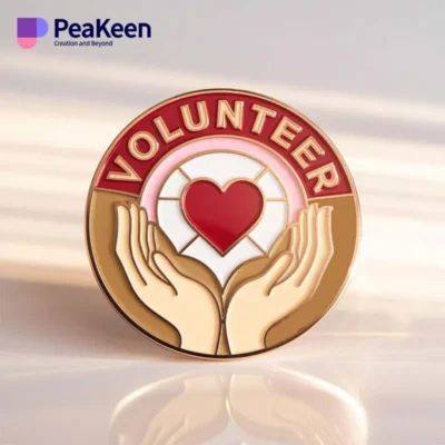 A close-up of a volunteer pin badge, showcasing its design and vibrant colors, symbolizing community service and dedication.