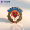 Значок волонтера с изображением сердца и рук, символизирующих сострадание и общественную работу.