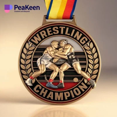 A wrestling champion medal featuring the engraved words "Wrestling Champion" prominently displayed