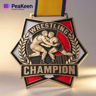 Unique wrestling championship medals, personalized for winners, showcasing excellence in the sport of wrestling.