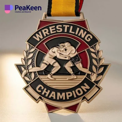 A wrestling medal featuring the inscription "Wrestling Champion" prominently displayed on its surface.