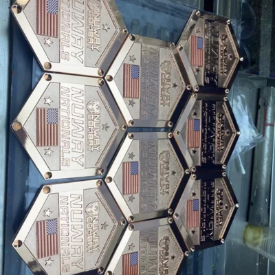 A set of six hexagon-shaped plates adorned with American flags, featuring a Wrestling Championship Belt design.