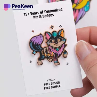 A cat-themed pin alongside a card celebrating 15 years of custom animal pins and badges.