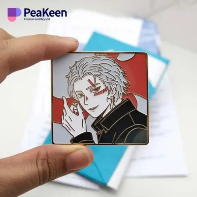 An individual holds a pin depicting an anime character with white hair, highlighting their passion for anime collectibles.